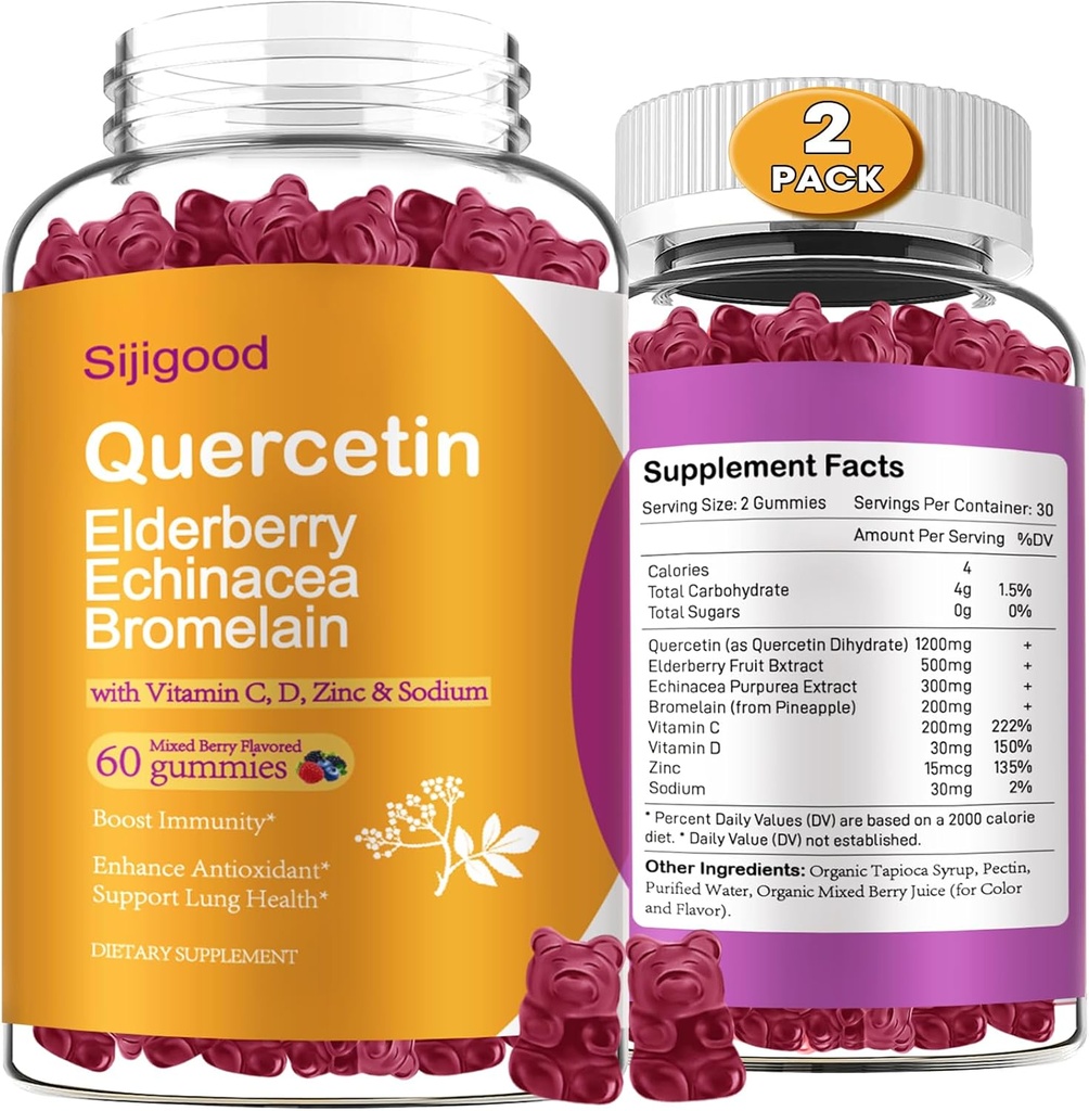 2 Packs Quercetin mit Bromelain Gummies, Elderberry, Echinacea, Vitamin C D Zink - Immunsystem-Unterstützung 120 Counts Pure Quercetin ergänzt Gummi für Kinder & Erwachsene