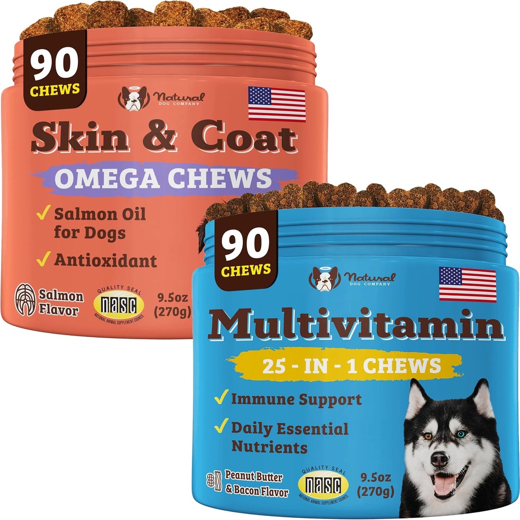 Natural Dog Company Multivitamin Supplement Chews + Skin & Coat Supplement Chews für Hunde - Umfassende Ernährungspflege für gesunde Haut, Shiny Coat, Joint Support und Immunsystem Boost