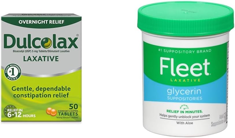 Dulcolax Overnight Relief Laxative for Gentle Constipation Relief, Bisacodyl 5 mg Tablets, 50 Count & Fleet Laxative Glycerin Suppositorien für Erwachsene, Erwachsene Laxative Jar Aloe Vera, 50 Ct