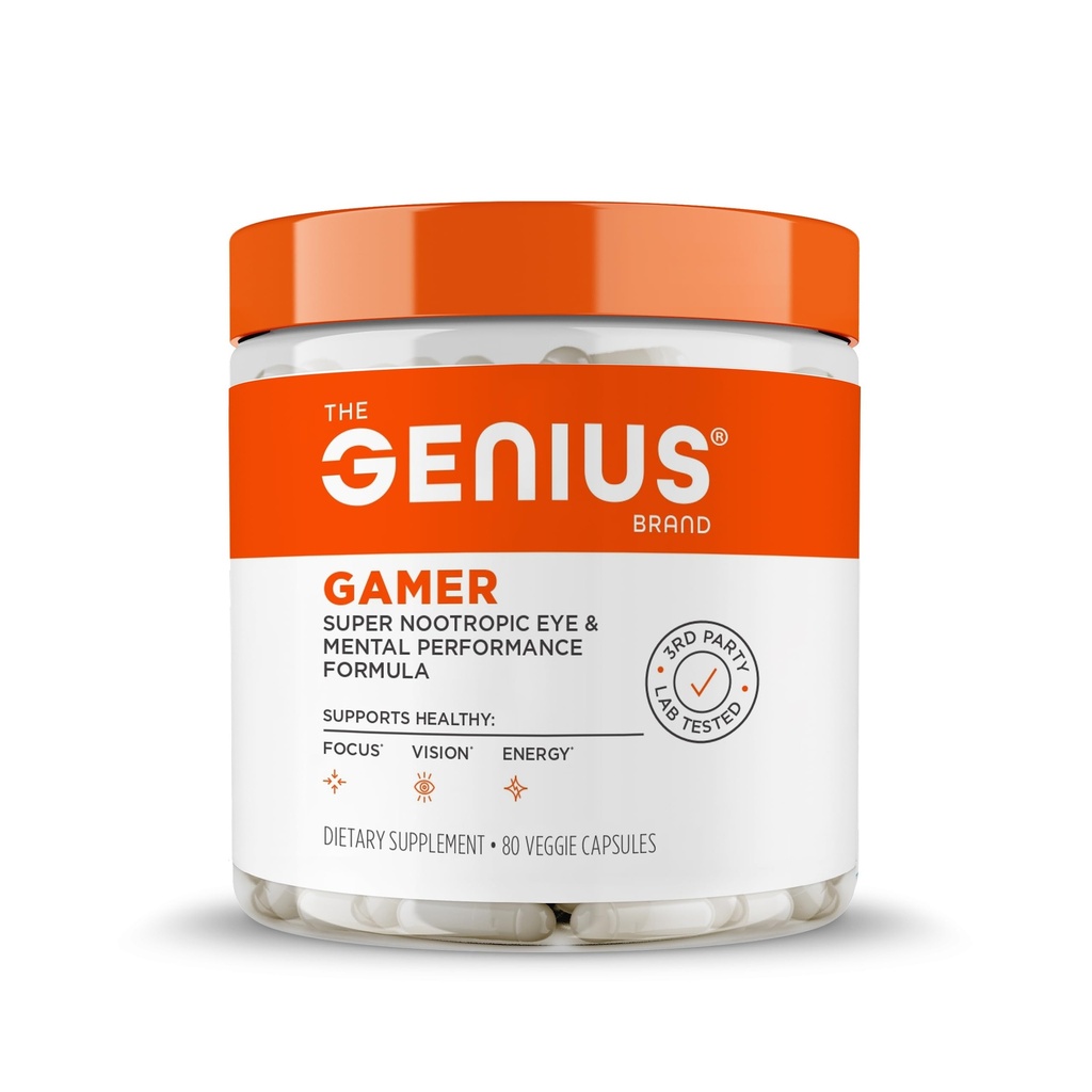 Genius Gamer, Gaming Focus Supplement, 80 Pillen - Elite Nootropic Performance Booster - Boost Brain & Mental Clarity, Reaktionszeit & Konzentration - Blaue Leichte Unterstützung mit Lutemax