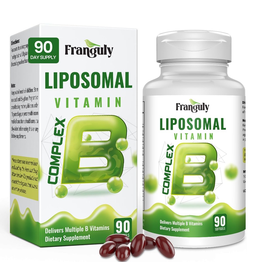 Liposomal B-Komplex für hohe Absorption B Vitamine mit Choline Inositol Vitamin B1, B2, B3, B5, B6, Biotin, Folate, Methylierte B12-Immune, Energie, Gehirn Herzunterstützung 90 Softgele