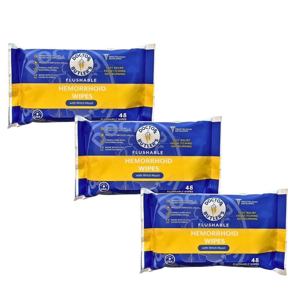 Wipes hémorroïdes flushables du docteur Butler – Wipes hémorroïdes flushables avec la sorcière Hazel pour apaiser et apporter le soulagement du malaise associé aux hémorroïdes (3 Pack - 48 Compte)