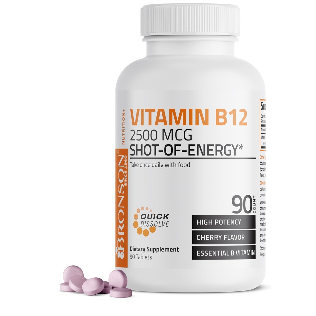Vitamin B12 2500mcg Shot Of Energy Fast Dissolve Chewable Tablets - Schnelle Veröffentlichung Cherry Flavored Sublingual B12 Vitamin - Unterstützt Nervous System, Gesunde Gehirnfunktion Energieproduktion – 90 Count