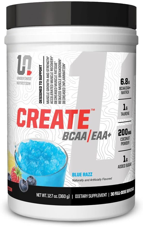 Nutrition non définie Créer BCAA/EAA+ par Brian Shaw - Récupération des muscles et endurance, 6.8g BCAA/EAA Matrice - Plein spectre BCAA + Supplément aux acides aminés essentiels – 30 portions (127 oz, Blue Razz)
