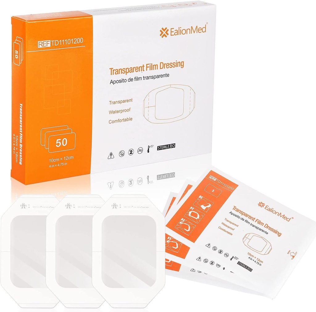 Robe transparente EalionMed, Bandage de Wound, Lot adhésif, 4'' x 4.75'', 50 Pack, Clair, Respirant, Confortable, Bouclier de douche, Bandage de tatouage