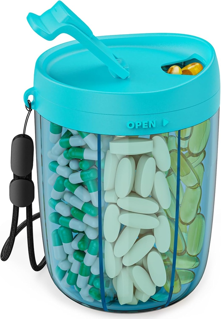PULIV Grand organisateur de bouteille de pilule, organisateur de supplément pour la détention de 6 vitamines diverses, boîte à pilule Case avec conception anti-mixante et large ouverture, facile à récupérer Meds et 20 Pcs Stick-on étiquettes, bleu