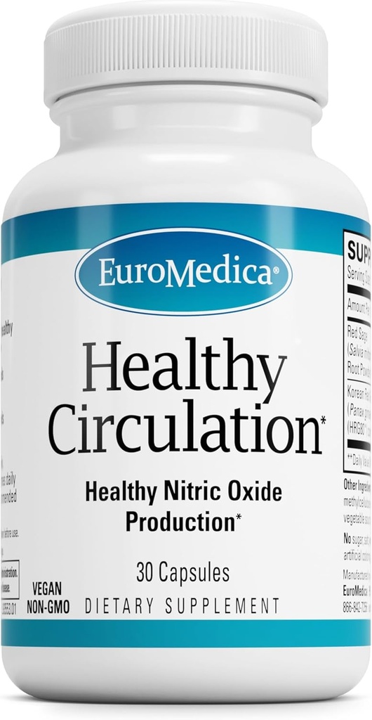 EuroMedica Gesunde Zirkulation - Nahrungsergänzungsmittel für gesunde Zirkulation Unterstützung - Gesunde Blutfluss & Herz-Funktionshilfe - Non-GMO & Vegan Kapseln - 30 Kapseln (30 Portionen)