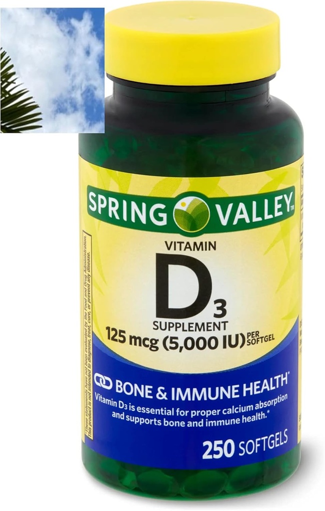 Spring Valley Vitamine D3 Softgels, 125 mcg par Softgel, 5 000 UI, 250 Compte