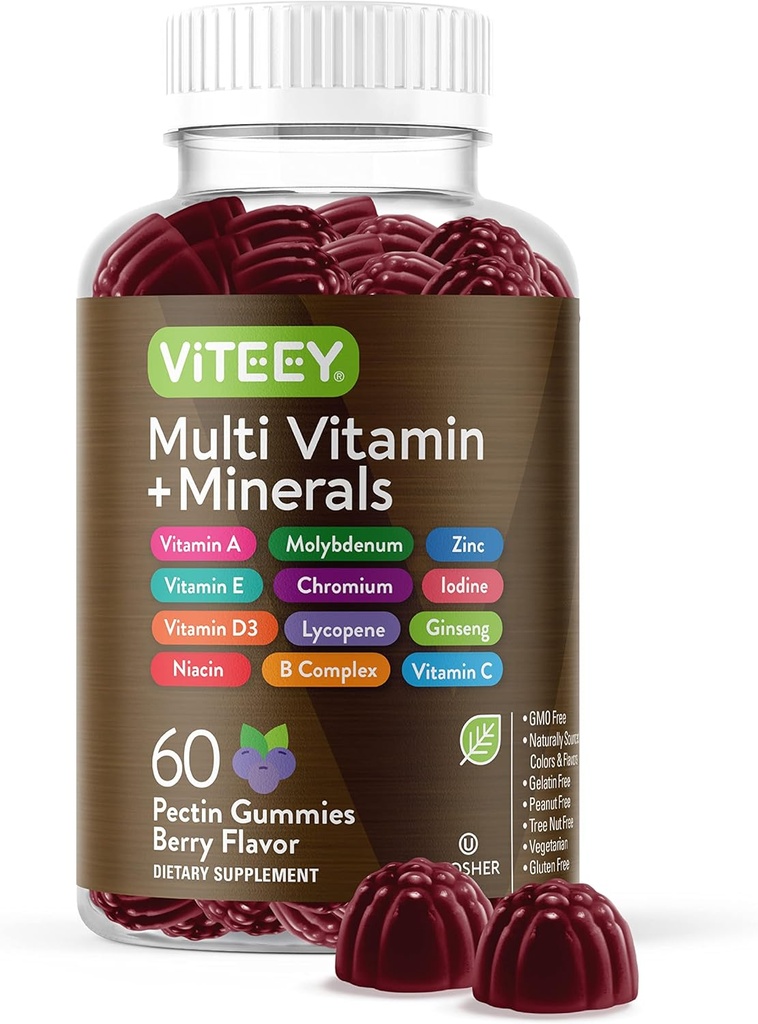 Multivitamin-Gummien Vitamine für Erwachsene & Teens - Immun-Support-Gummien - 12 Tägliche Vitamine & Minerale mit Vitamin C, D3, E, A, Zink &amp; Mehr - Vegetarisch, Glutenfrei - Kaubare Beere Flavored Gummy