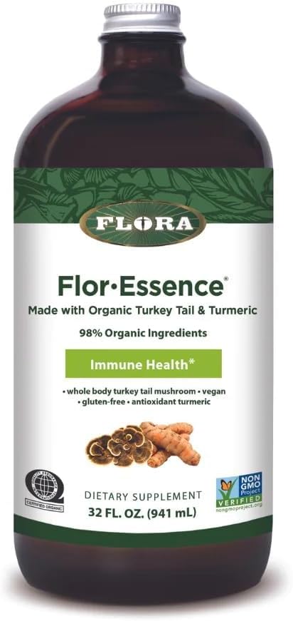 Flora Health Flor-Essence avec la dinde Tail & Turmeric, Riche en polysaccharides, 35+ Composés phénoliques avec les antioxydants et le soutien immunitaire, 32-fl. oz. Bouteille en verre