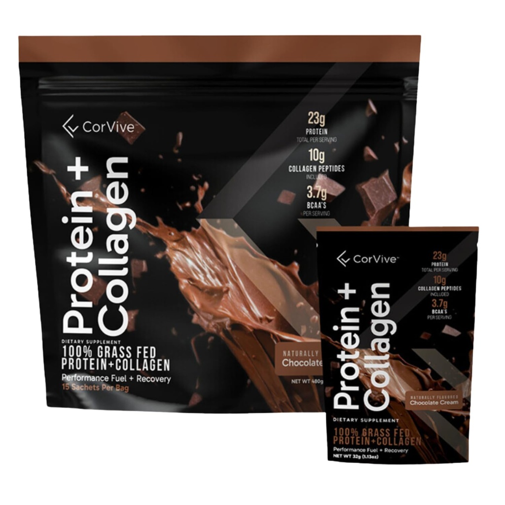Protein + Kollagenpulver | 23g Protein (Gras-Fed Whey + Collagen) | 3.7g BCAAs | Unterstützt Muskel- & Gelenke Gesundheit | Gluten & Soy Free | Keine künstlichen Inhaltsstoffe | 15 Beutel - Schokolade
