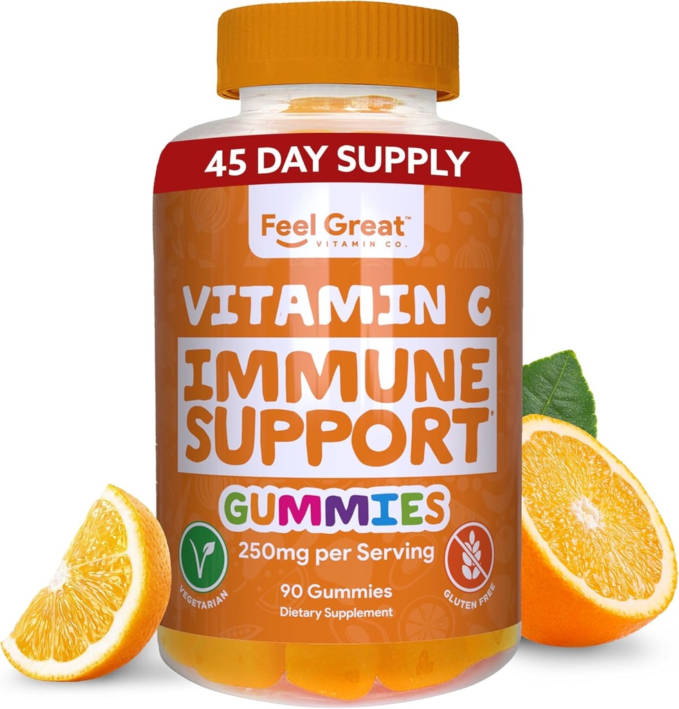 Vitamin C Gummi für Erwachsene & Kinder von Feel Great Vitamin Co. | 90 Orange Flavored Gummis | Immunitätsunterstützung, Pflanzenbasierte Frucht Pektin