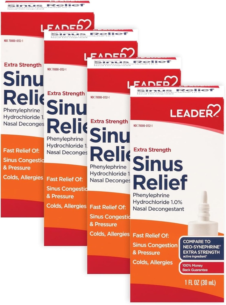 Leader Extra Strength Sinus Relief, Fast Acting, Sinus Decongestant, Nasal Congestion Relief Spray, Kalt & Allergy 30 mL Flasche (Pack mit 4)