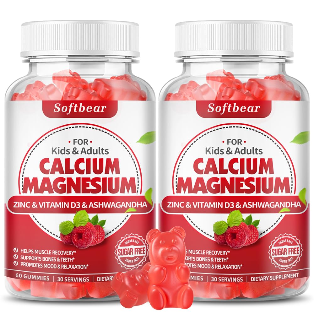 softbear Calcium Magnesium Zink Gummi für Erwachsene & Kinder, Suagr-Free Calcium Magnesium Zink D3 Ergänzung für Knochenstärke & Immun Gesundheit, Himbeer Geschmack 120 Zähler