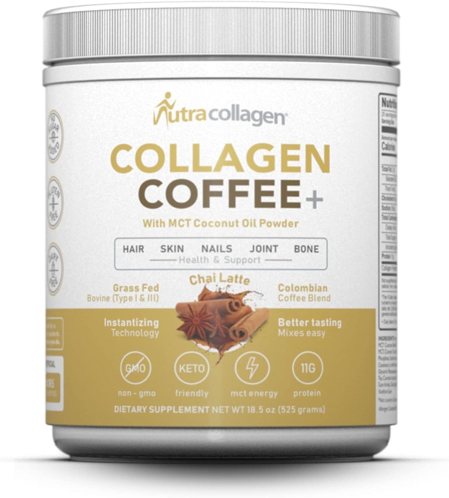 NUTRACOLLAGEN Protein Pulver kombiniert mit Premium-Kolumbianischen Kaffee; Grass-Fed, Non GMO, 12g Peptide, MCT Kokosölpulver, Sojafrei, Glutenfrei, Zuckerfrei, 40mg Caff/Srving; Chai Latte 25 Srvg