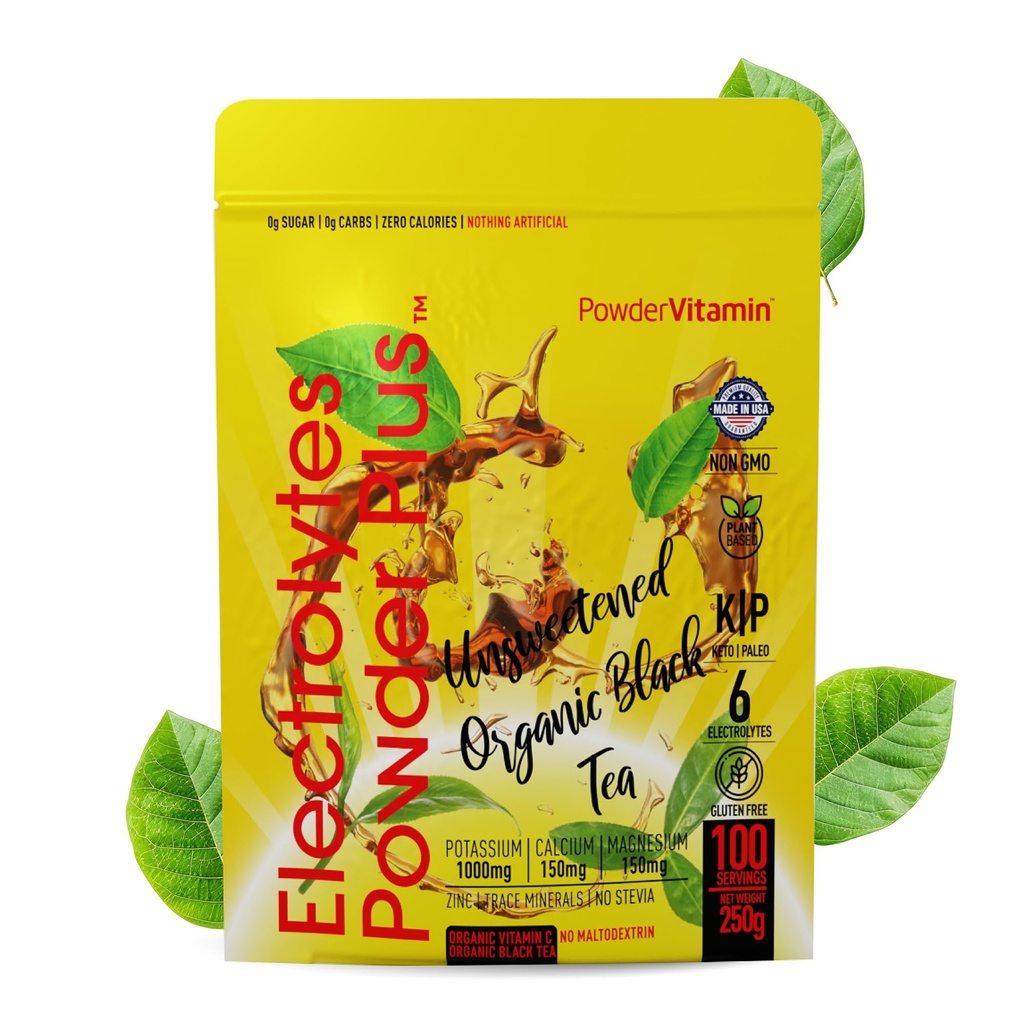 PoudreVitamine Electrolytes Poudre Plus (100 portions) Thé noir non sucré Poudre d'électrolyte Keto, sans sucre,Pink sel himalayen,1000mgPotassium,150mgCalcium,150mgMagnésium, Poudre d'Hydration NON STEVIA