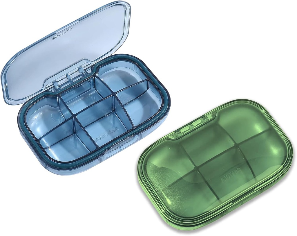 2 Pack 6 Kompartment Pill Organizer, Moisture Proof Case für Reisen, Tägliche tragbare Medizin Vitamin-Container, Fischöl und Nahrungsergänzung (blau & Grün)