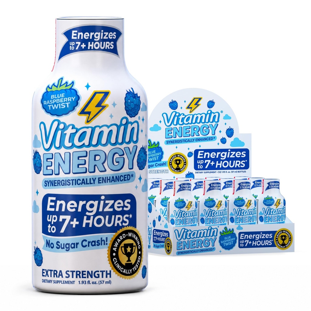 Vitamin Energy Immune+ Extra Strength Energy Shot Blue Raspberry 12 Pack, 260mg Natürliche Koffein, B-Vitamine, Citicoline, Grüner Tee, Immunität und Fokus Unterstützung, Zero Sugar, Gluten-Free 1.93 fl oz