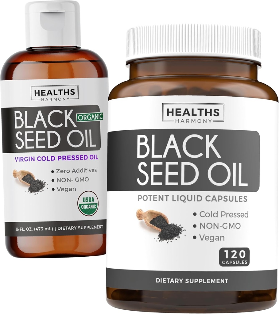 Huile de Graine Noire Liquid & Soft-Gels (2-Mois) Huile de Graine Noire Liquid & Capsule Combo (16fl.oz & 120 Capsules Soft-Gel) 100% Premium Nigella Sativa Huile de Graine de Cumin Noir (non-OGM)