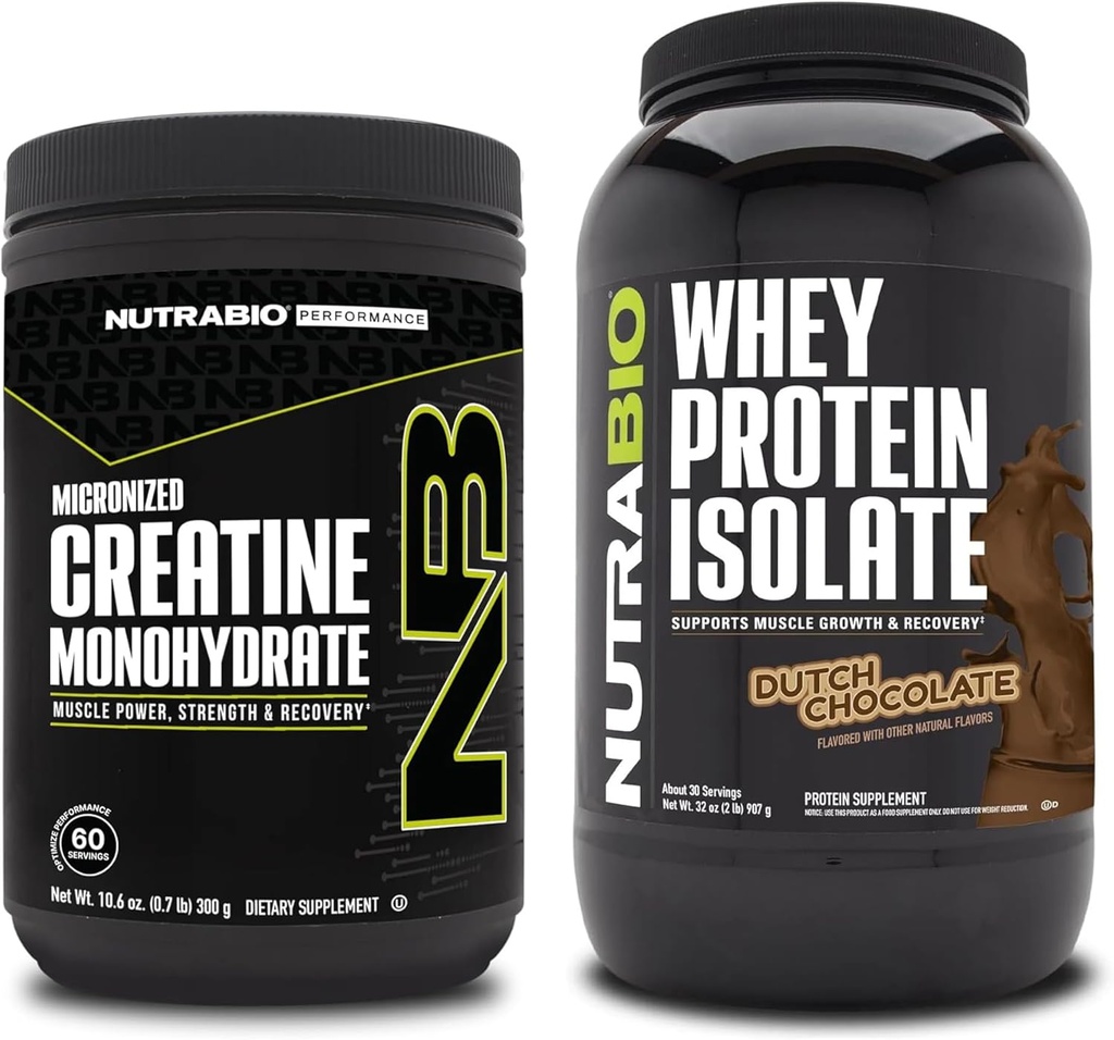 NutraBio Creatine Monohydrate, Unflavored, 300g und Whey Protein Isolate, Dutch Chocolate, Supplement Bundle - Muskelenergie, Lean Muskelwachstum, Erholung und Stärke