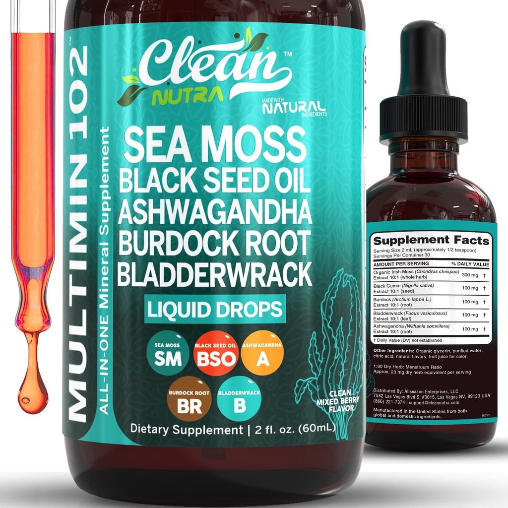 Clean Nutra Organic Sea Moss Drops Supplement | Black Seed Oil Irish Seamoss Ashwagandha Burdock Root & Bladderwrack - Multimineral Liquid Vegan for Gut Heath Energy Skin Immune Support & Hair