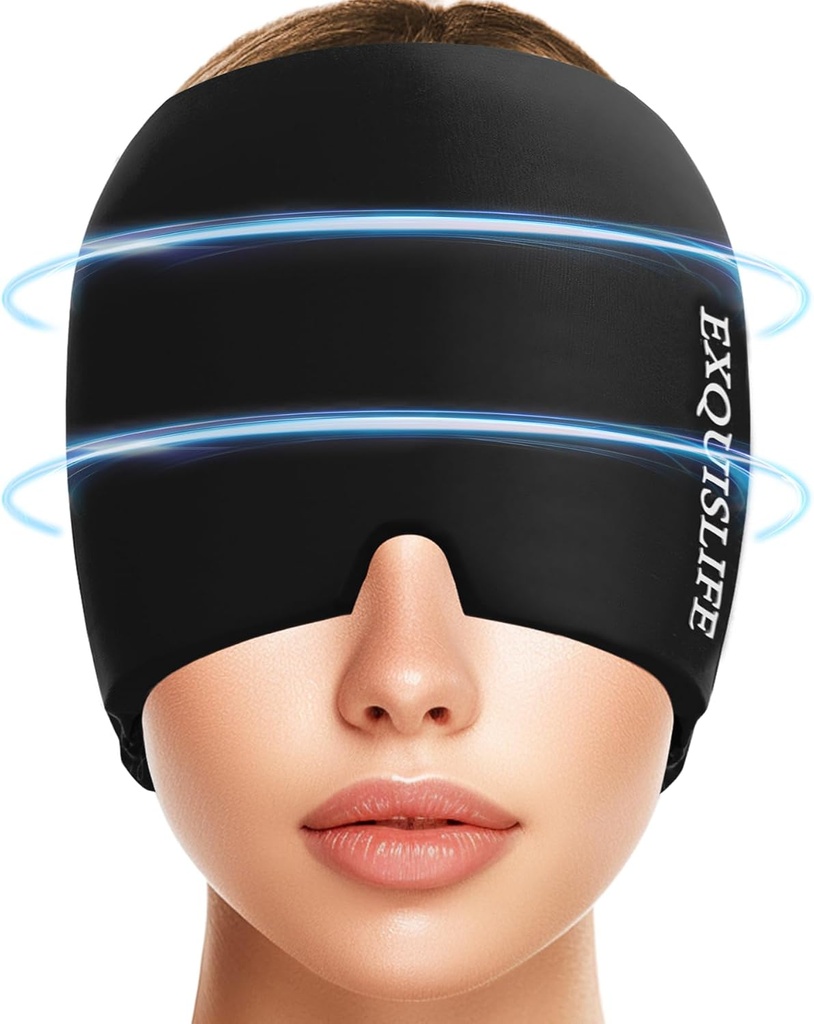 EXQUISLIFE Migraine Ice Head Wrap, Kopfschmerzen Relief Hut für Migraine Cap, Heiße und kalte Therapie, Kopfschmerzen Augen Maske für Sinus, Puffy Eyes, Spannung und Stress Relief (schwarz)