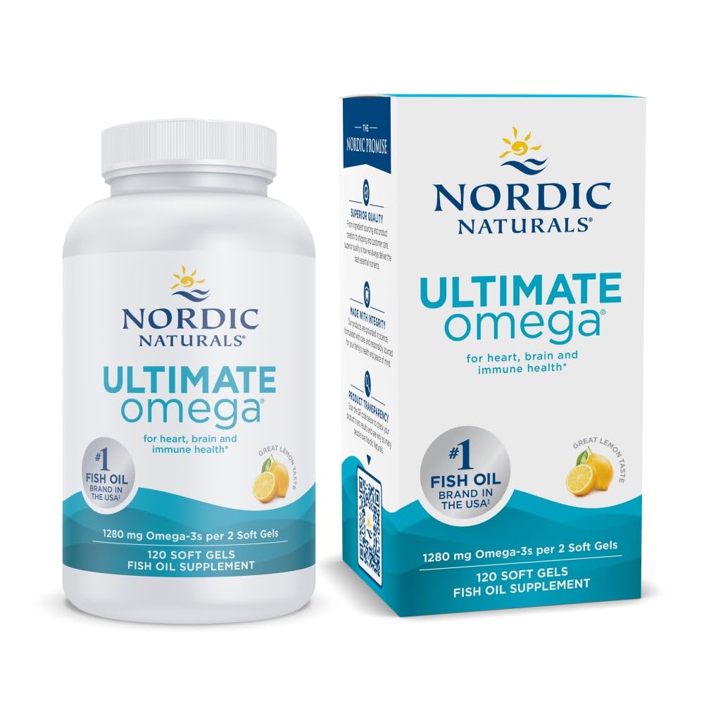 Nordic Naturals Ultimate Omega, Lemon Flavor - 120 Soft Gels - 1280 mg Omega-3 - High-Potency Fish Oil Supplement mit EPA & DHA - Fördert Gehirn & Herz Gesundheit - Non-GMO - 60 Servietten