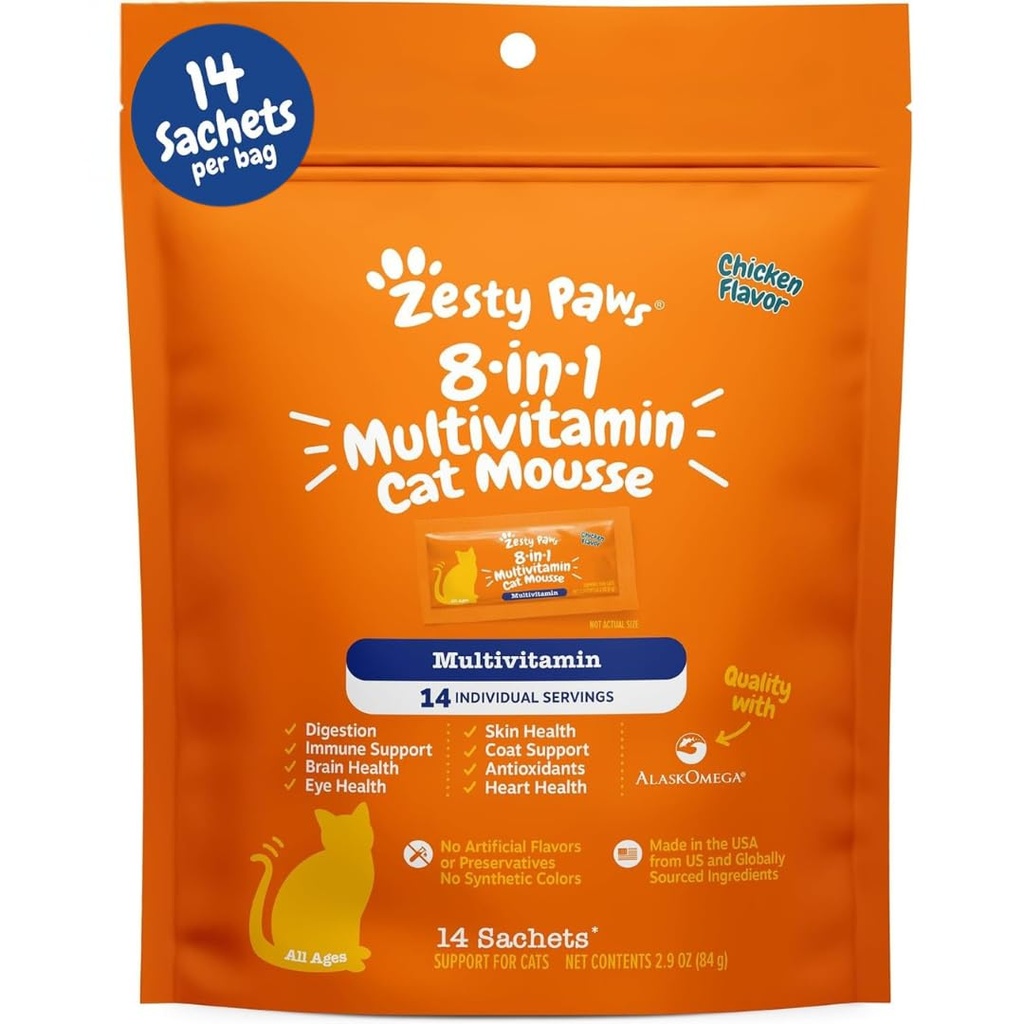 Zesty Paws 8-en-1 Multivitamines de chat et suppléments Mousse - Vitamines de chat pour les chats d'intérieur - Healthy Treat Squeeze Up for Gut, Immune, Heart, Skin & Coat Support - Chicken 14ct