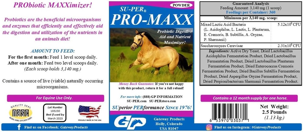 SU-PER Pro-Maxx Probiotika für Pferde - Equine Verdauungshilfe und Nährstoff Maximizer - hält Proper Gut Gesundheit und mikrobielle Balance - 2,5 Pfund, (2 Pack)