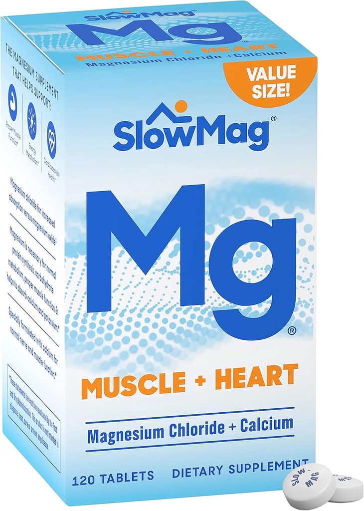 Convergence SlowMag® Mg Muscle + Heart Magnesium Chloride Supplement Tabletten mit Calcium 120 CtMagnesium unterstützt Lern- und Gedächtnisleistung bei Alterung Erwachsene*
