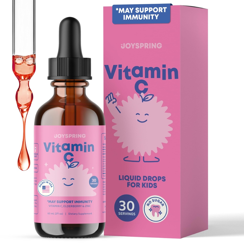 JoySpring Vitamin C und Zink für Kinder, Elderberry Liquid Supplement | Alkoholfreies Kleinkind Vitamin C | 2+ Jahre | (2 fl oz) 30 Servierungen
