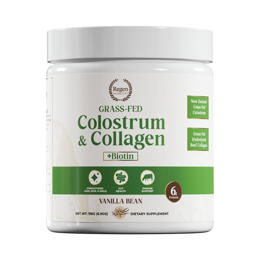 Colostrum et poudre de collagène alimentés à l'herbe , santé des cheveux, de la peau et soutien articulaire Nouvelle-Zélande Bovin Colostrum, peptides de collagène hydrolysés, biotin 300mcg , 28 portions
