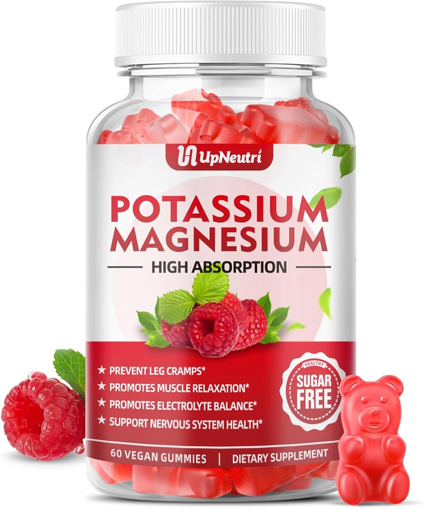 Kalium-Magnesium-Ergänzungsgummis für Erwachsene Kinder, Zuckerfreie Kalium-Zitrat-Gummi-Gummi unterstützt Leg Cramps & Muskel- & Herz-Gesundheit, Vegan Magnesium Glycinate Gummie Himbeer Flavor 60 Cts