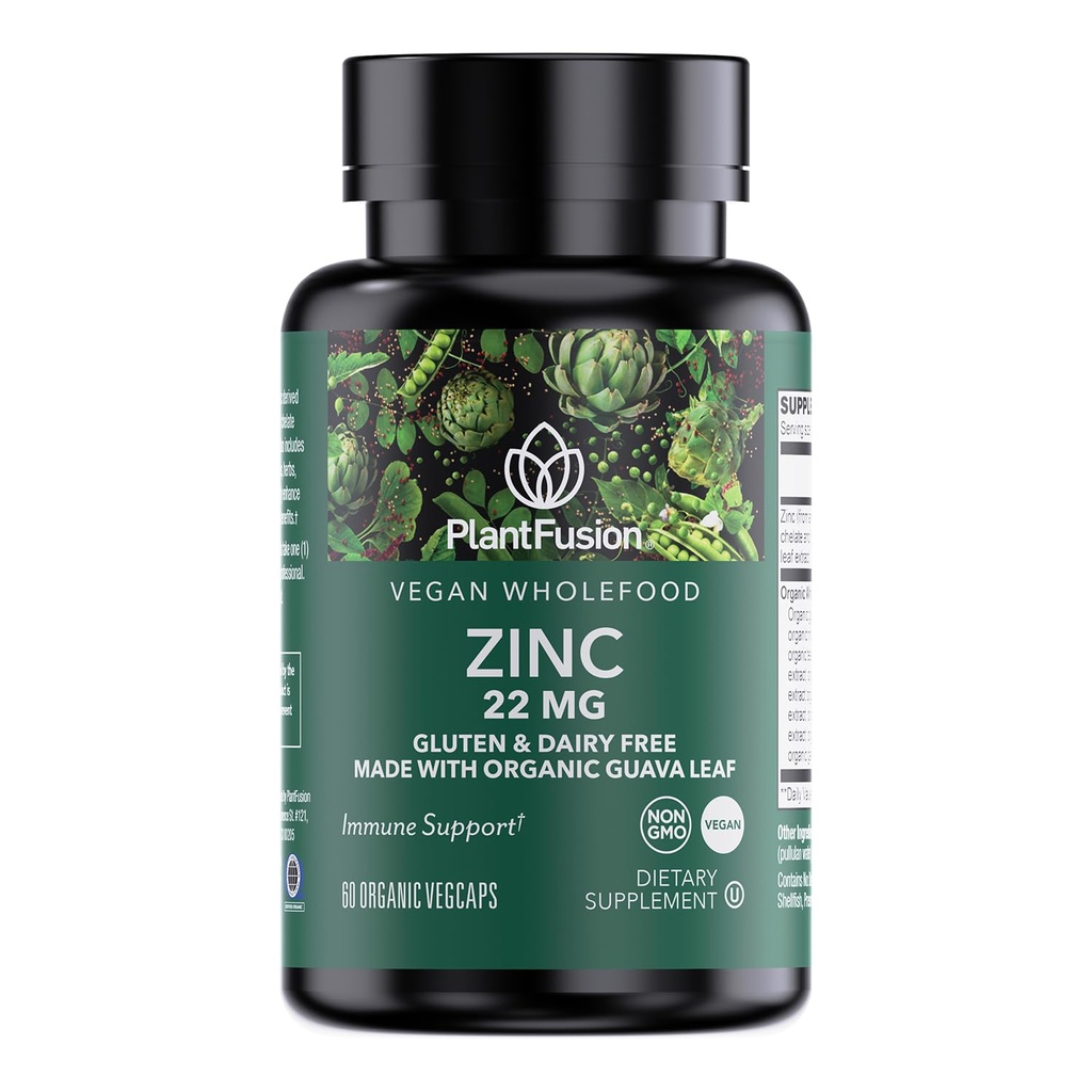 PlantFusion Vegan Zinc Suppléments 22 mg – Complexe alimentaire entier, Citrate de zinc chélaté de Guava Feuille biologique pour support immunitaire, 60 Capsules