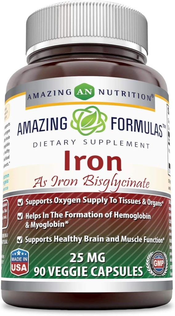 Erstaunliche Formeln Eisen als Eisen Bisglycinat 25 Mg Veggie Kapseln (Non-GMO, Glutenfrei) - Unterstützt Sauerstoffversorgung von Geweben & Organen-Helps in der Formation von Hämoglobin&Myoglobin.(90 Veggie Kapseln)
