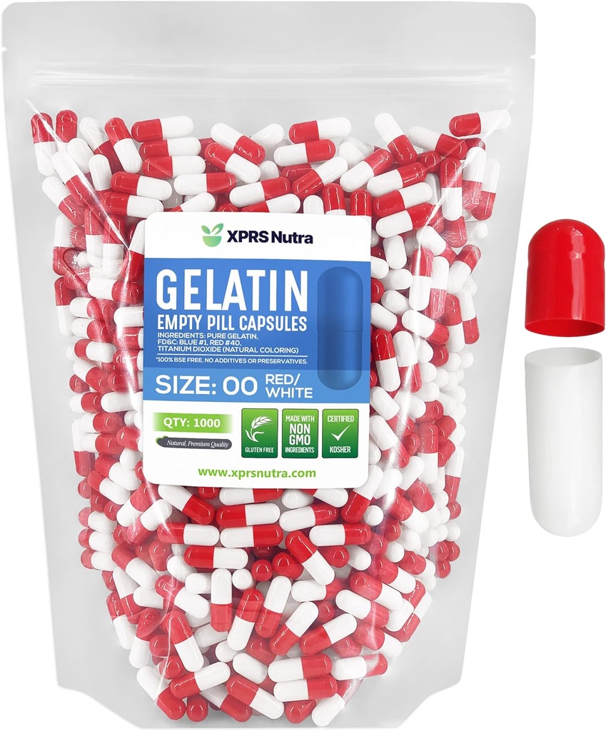 XPRS Nutra Size 00 Capsules vides - 1000 Capsules de gélatine vides de compte - Remplissage de la gélule de bricolage - Capsules de gel de pilules rechargeables pour les suppléments Do-It-Youlf (rouge/blanc)