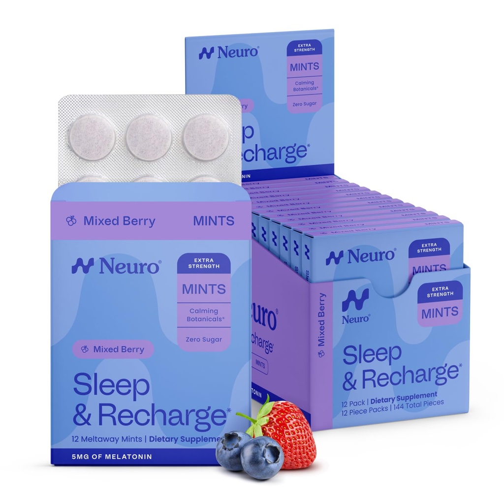 Neuro Melatonin 5mg Sleep & Recharge Menthes (144 pièces) - Dissoudre rapidement Melatonin Menthes sans sucre avec baume de citron et camomille pour mieux dormir - Supplément de sommeil calme pour les adultes - Flaveur de baies de nuit