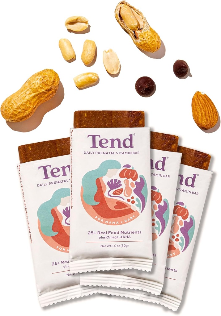Tend Daily Best Prenatal Vitamin Bar, Hergestellt mit organischen Zutaten für schwangere & Postpartum Mütter, Enthält DHA, Vitamin D, B, Choline, Folate - Peanut Butter Chocolate (4ct)