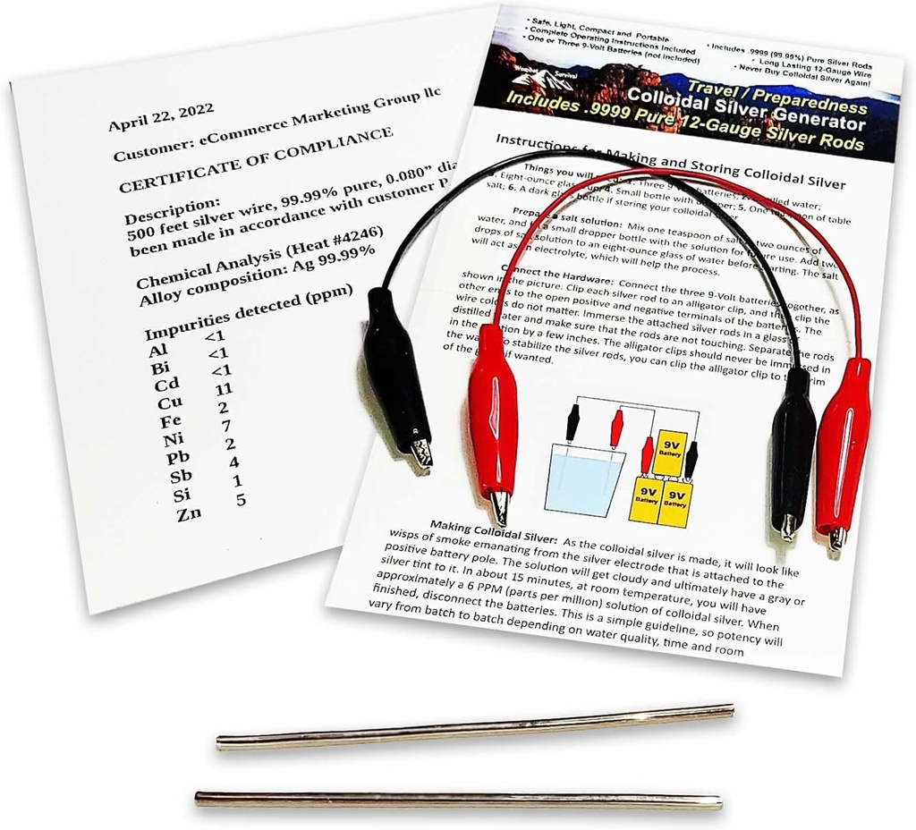 Kolloidal Silber Generator Wire 99,99% Pure 12-Gauge (0.08 in./2.06 mm) Set von (2) 4-Zoll-Stänge + Mini/Travel Generator - Inklusive Drähte + komplette Anleitung