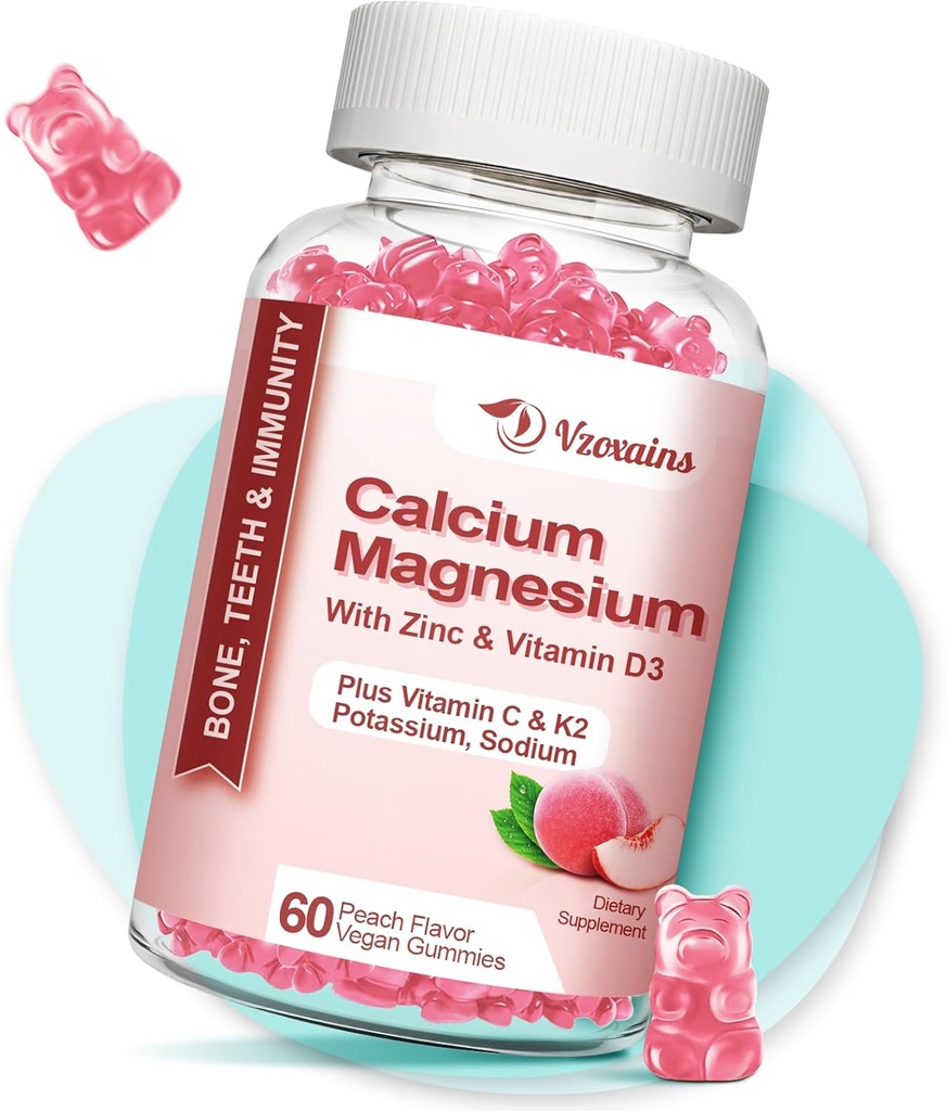 Hohe Absorption Calcium-Gummien, Zucker freie Calcium-Magnesium Zink-Gummien mit Vitamin D3 für Männer und Frauen, Peach Flavored 60 Cts