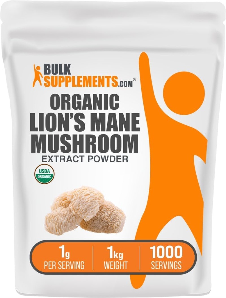 BulkSupplements.com Poudre d'extrait de champignons de lion biologique - Poudre de supplément de lion, super-aliments pour le bien-être - végétalien, 1g par portion, 1kg (2,2 lbs) (paquet de 1)
