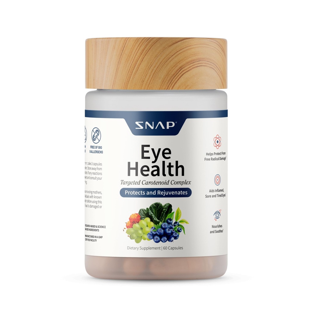 Snap Suppléments Capsules de santé oculaire avec Lutéine, Zeaxanthin, Bilberry & Lycopène – Soutient la vision, la fonction oculaire et la santé oculaire globale – 60 Capsules