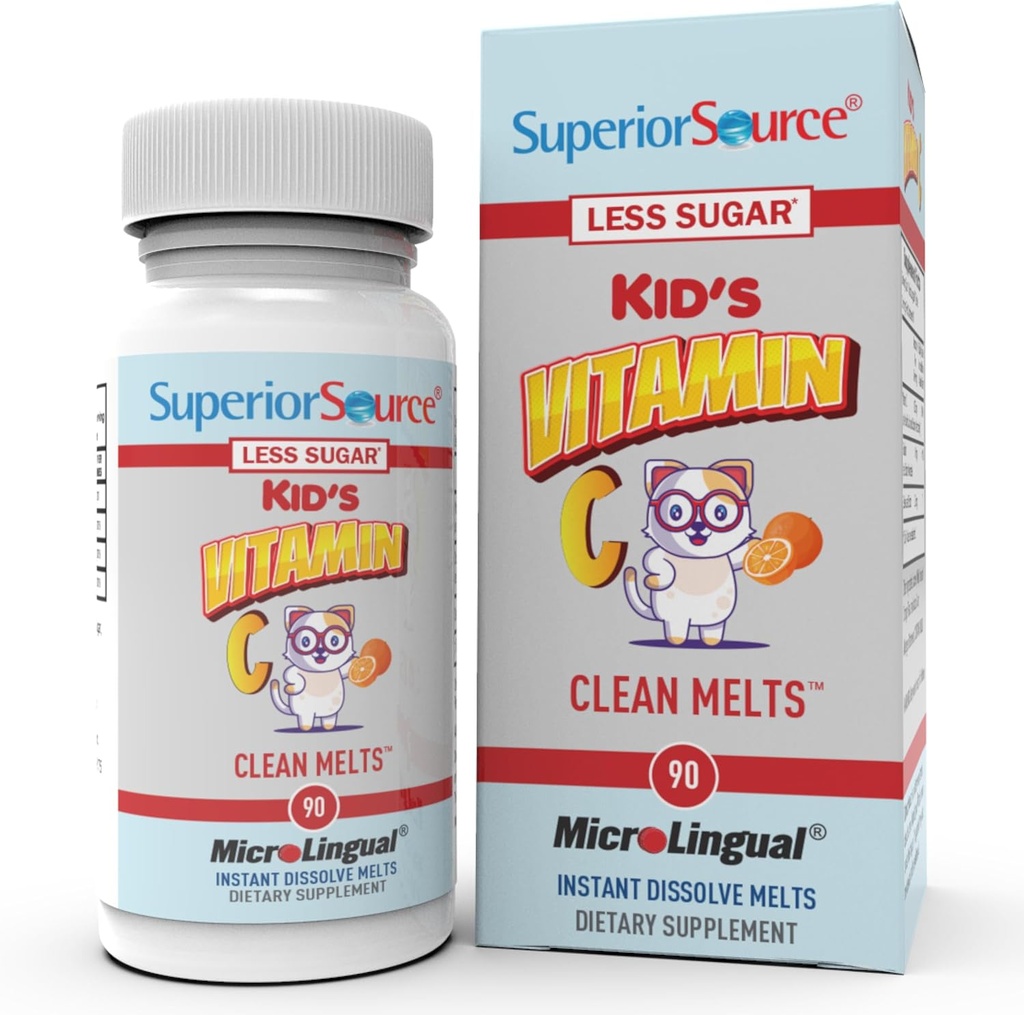 Überlegene Quelle Kid's Vitamin C Clean Melts - Immununterstützungsergänzung für Kinder - Weniger Zucker - Nicht-GVO, Glutenfrei & Konservierungsmittelfrei - 90 MicroLingual Instant-Dissolve Tabletten