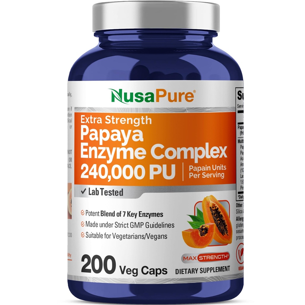 NusaPure Papaya Papain Enzyme Complex 240.000 PU - 200 Veggie Caps - 100% Vegetarisch, Non-GMO