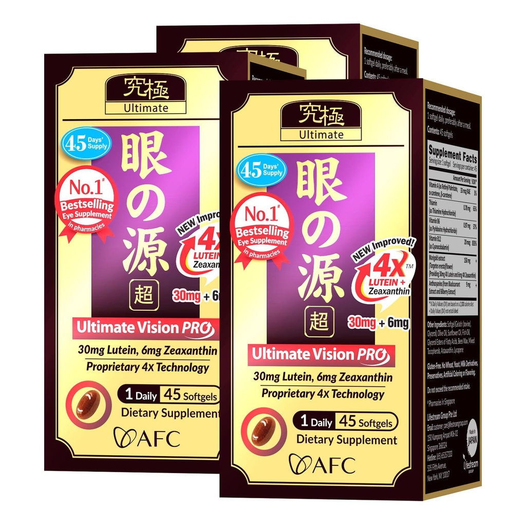 AFC Japan Ultimate Vision PRO – Verbesserte, Up-Sized Formel - unterstützen Vitamine für Augengesundheit mit Lutein, Zeaxanthin 4X, Bilberry, Nährstoffe für Blurry Dry Eyes, Macular Health & Focus, 45 Softgelsx3