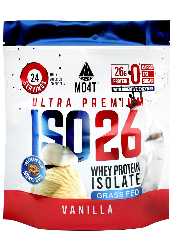 ISO26 Isolation de protéines de lactosérum à l'herbe sans édulcorants artificiels. Assaisonnement naturel avec des fruits de lune, 1,6 livre, 24 portions, chocolat au lait (Iso 26 Pouch Vanilla)