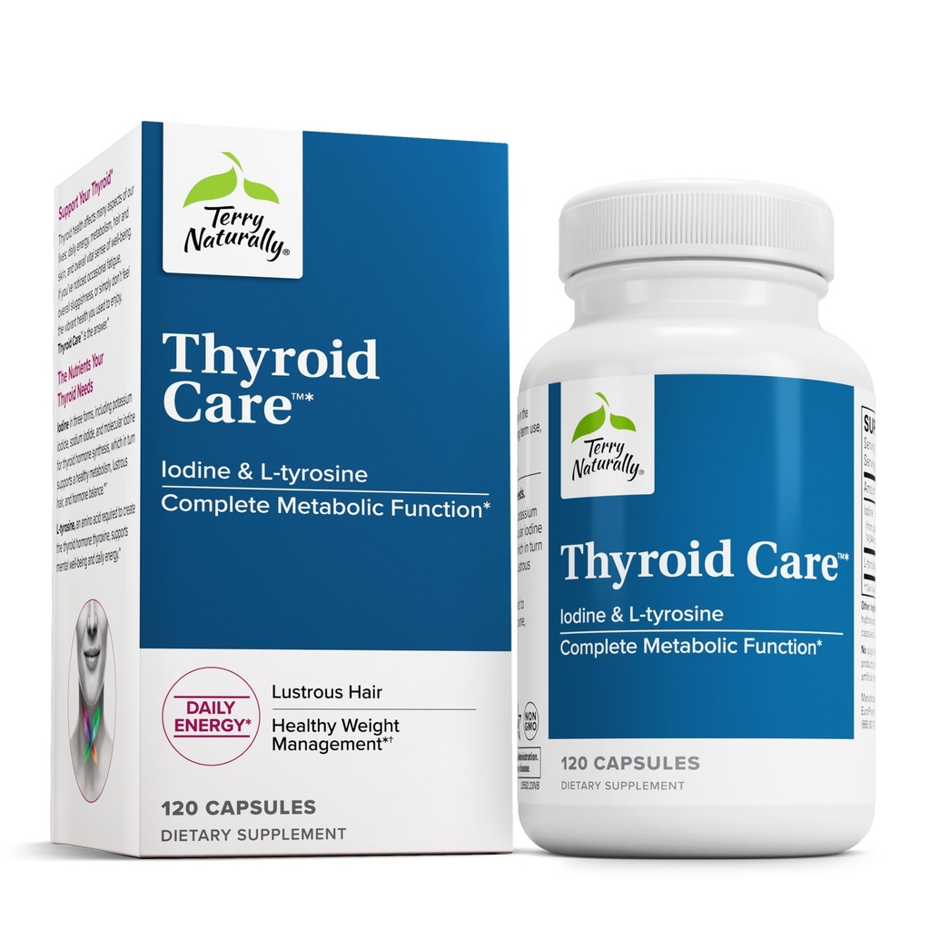 Terry Naturally Thyroïde Care - Immune Health & Energy Support Formula - Supplément nutritionnel avec Iodine pour Thyroïde Health Support - Supplément Wellness avec L-Tyrosine - 120 Capsules