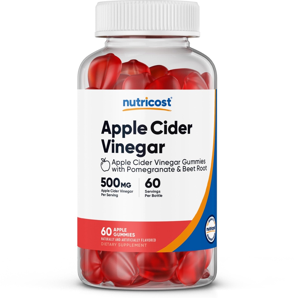 Vinaigre de cidre de pomme Nutricost 500mg, 60 gommies, aromatisé aux pommes - sans gluten, sans OGM, sans sirop de maïs