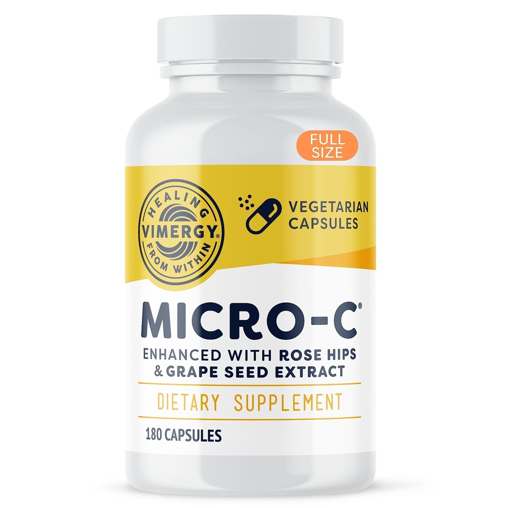 Vimergy Micro-C® Capsules de vitamine C – 500mg par gélule, soutient la santé immunitaire*, favorise la production de collagène, soutient les os sains*, casher, végétalien et sans gluten, taille régulière 180 capsules