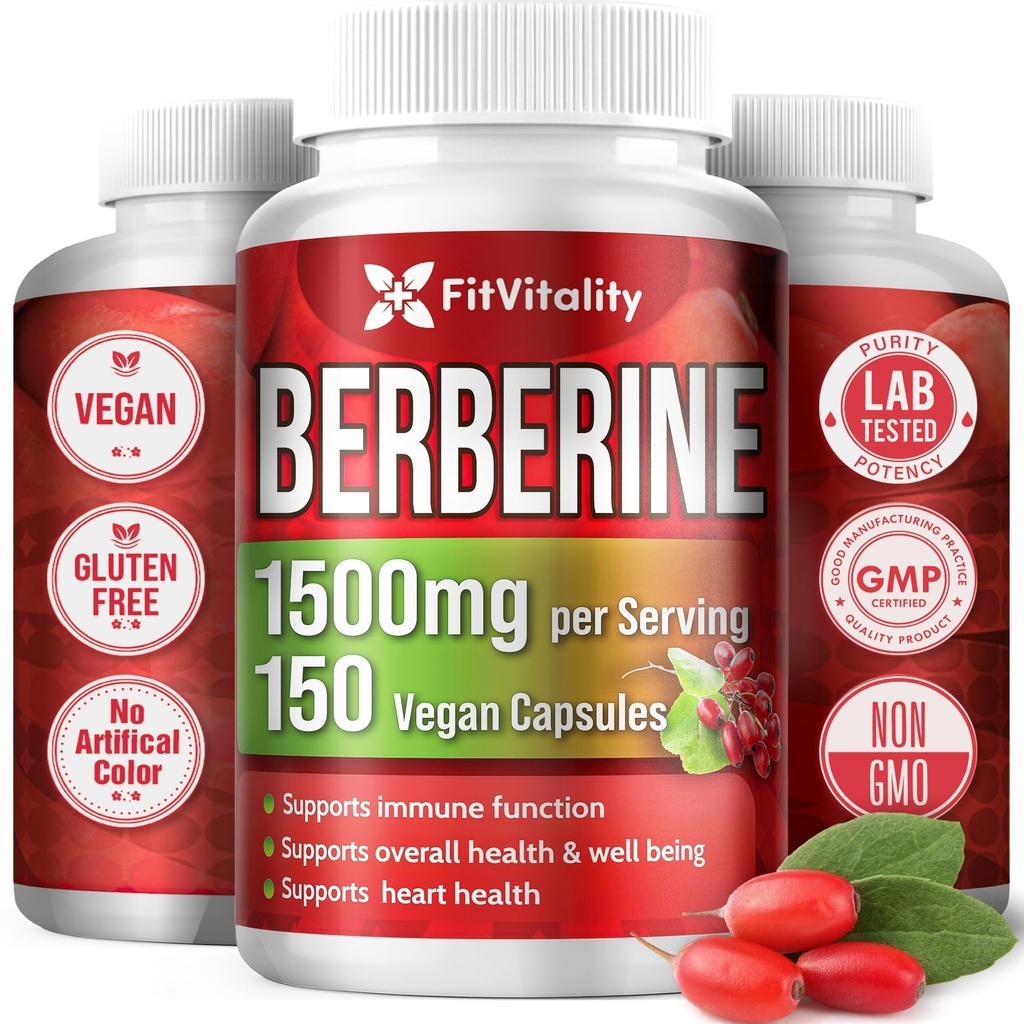 Premium Berberine Supplement, 150 Kapseln – 50 Tage Versorgung, 1500mg Berberine pro Servierung, Berberine HCI, Hergestellt aus 100% reinen & natürlichen Zutaten, Non-GMO, Gluten-Free.